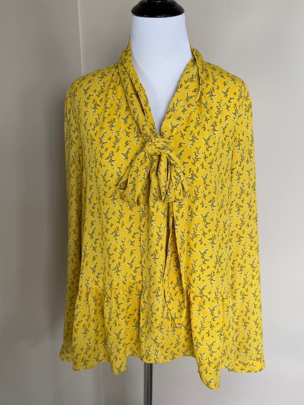LOFT Yellow Floral Tie-Neck Blouse